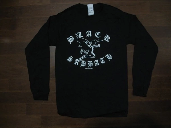 Black Sabbath- Flying Demon Between Arched Old English Logo- Long sleeve Shirt. Two sided print